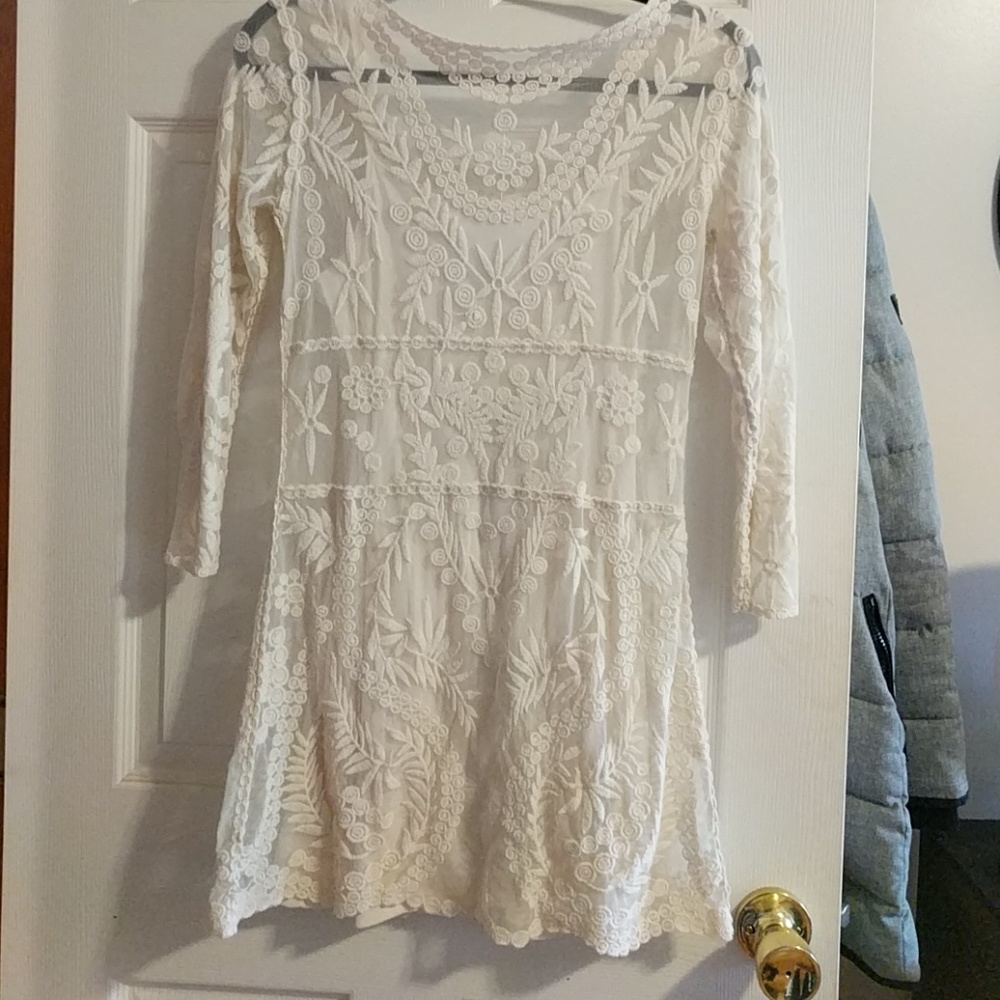 Boho style cream lace dress XS with cream slip
